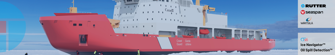 coast guard ice breaker vessel breaking through ice with partial Rutter logo on left-hand side and full Rutter logo, wartsila logo, seaspan logo, sigma s6 logo and product names Oil Spill Detection and Ice Navigator on right-hand side